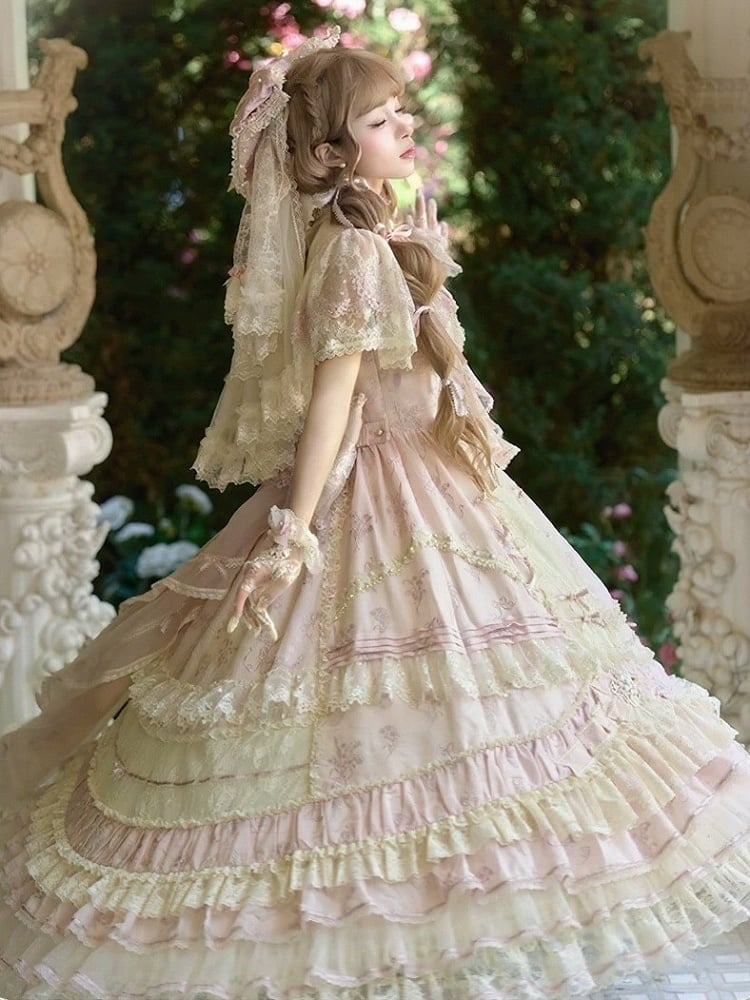 Refined Pink Lace-Trim Floral Embroidered Lolita Dress with Bow Train - Mademoiselle Pearl - image 8