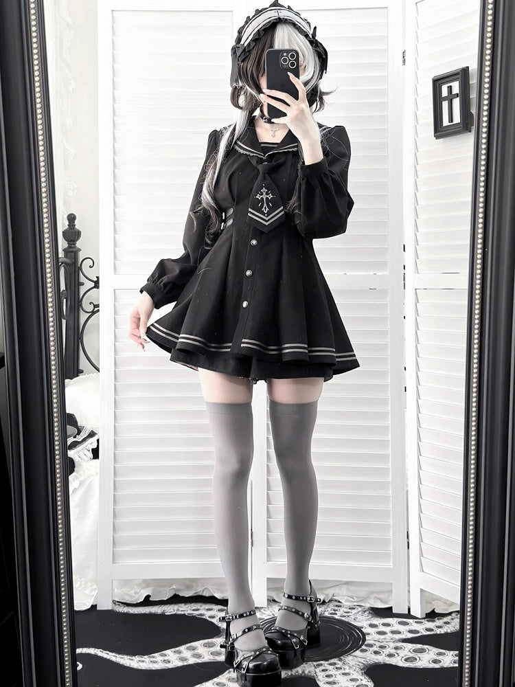 Black Sailor-Collar Jirai Kei Dress, Shorts and Tie Set - image 9