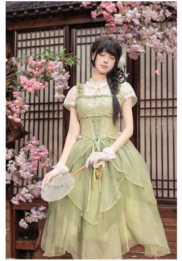 Green Orchid Chinoiserie Lolita OP Dress and Flower Hairclips Set - image 9
