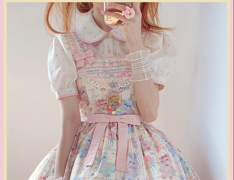 Starry Pudding Bear - Sweet Lolita JSK and Printed OP Dress - image 11