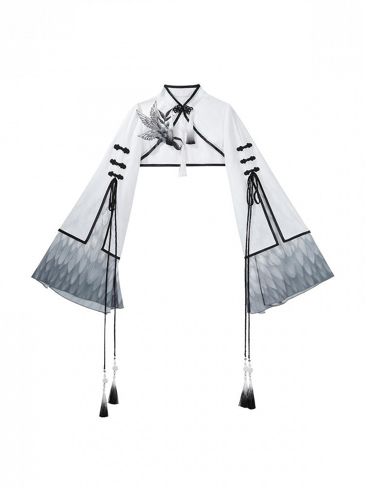 Monochrome Plum Blossom Bell-Sleeve Crop Top with Tasseled Hanfu Charm - Han Ru Chu - image 1