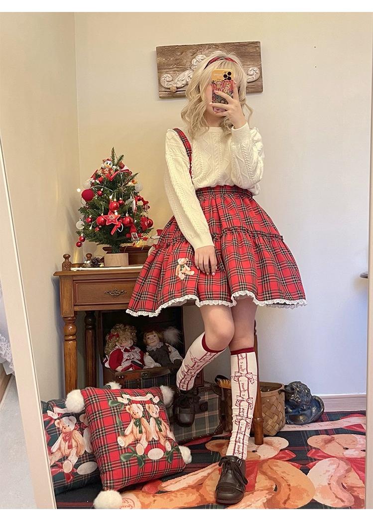 Christmas Vintage Lolita Skirts Doll Collar Blouse Plaid Skirt Set - image 12