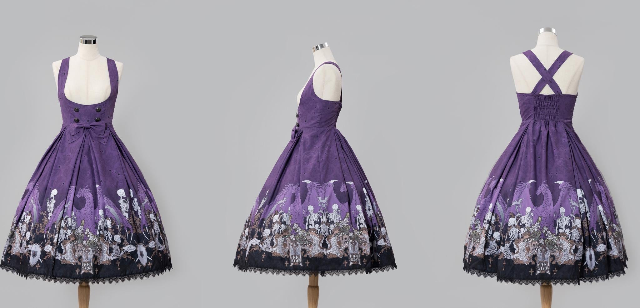 Dragon Bone Lily - Vintage Gothic Lolita Dragon & Skeleton Print JSK Dress and Accessories - image 7