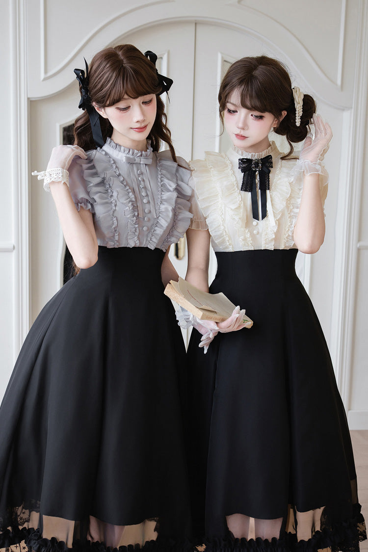 Miss Lola · Snow Kiss - Stand Collar Short Puff Sleeves Ruffled Color-Blocked Faux Two-Piece Sweet Lolita Long Dress 3 Colors - image 12