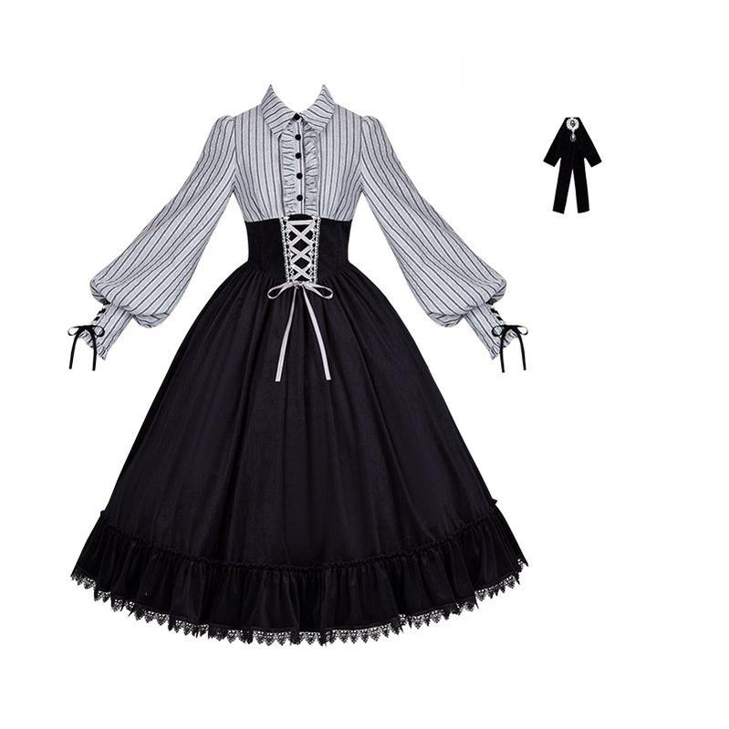 Dusk Moment - Classic Lolita Striped OP & Mermaid Dress Set, Fishbone Waist - image 28