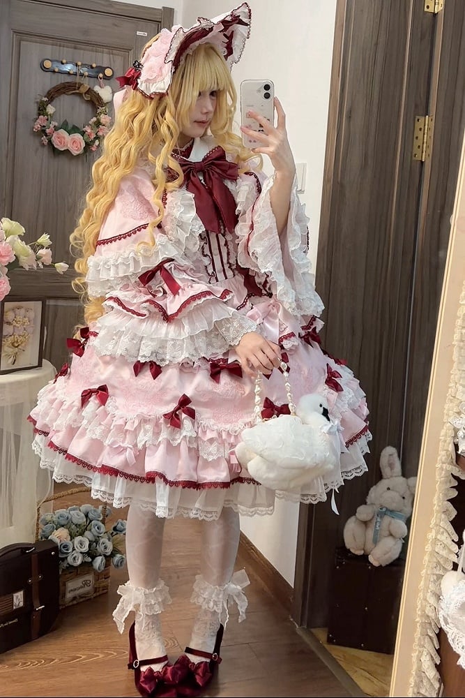Teddy and Strawberry Embroidery Pink Sweet Lolita OP Dress Full Set - image 7