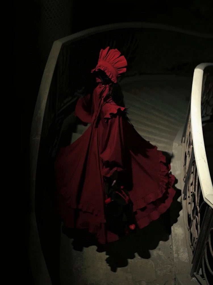 Red Gothic High-Neck Ruffled Lolita Dress with Detachable Sleeves - image 5