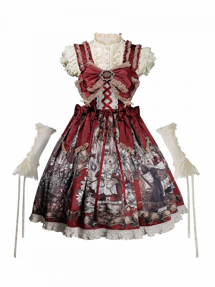 Wine and Beige Floral Lolita JSK Set with Puff-Sleeve Top and Arm Sleeves - image 2