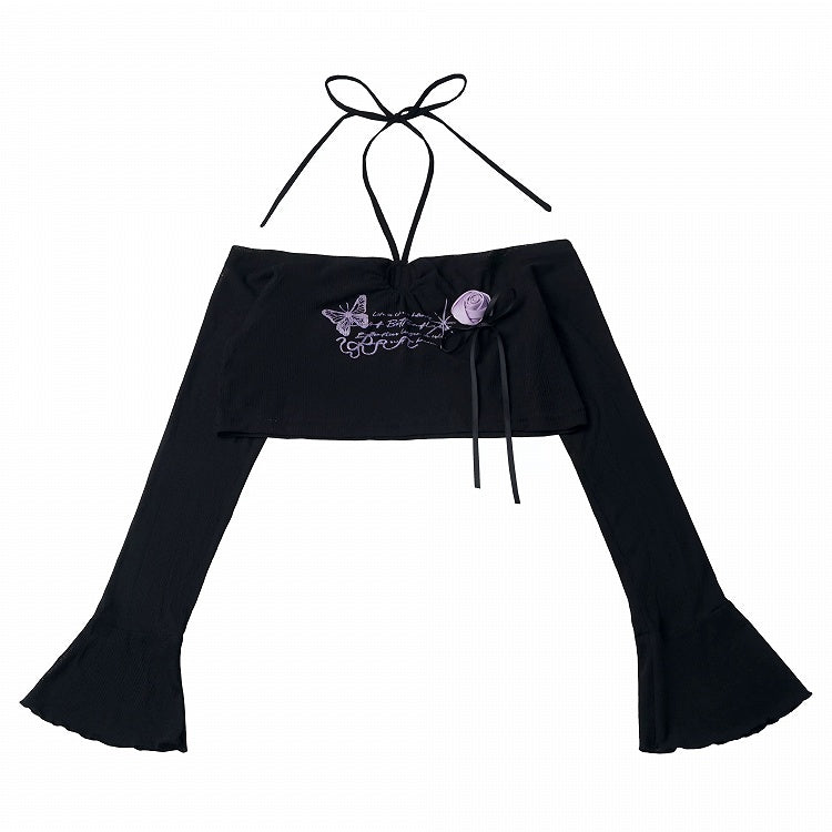 Black Flare-Sleeve Cropped Knit Top with Butterfly Print & Rose - PINK SAVIOR - image 1