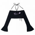 Black Flare-Sleeve Cropped Knit Top with Butterfly Print & Rose - PINK SAVIOR - image 1
