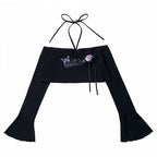 Black Flare-Sleeve Cropped Knit Top with Butterfly Print & Rose - PINK SAVIOR - image 1