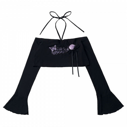 Black Flare-Sleeve Cropped Knit Top with Butterfly Print & Rose - PINK SAVIOR - image 1