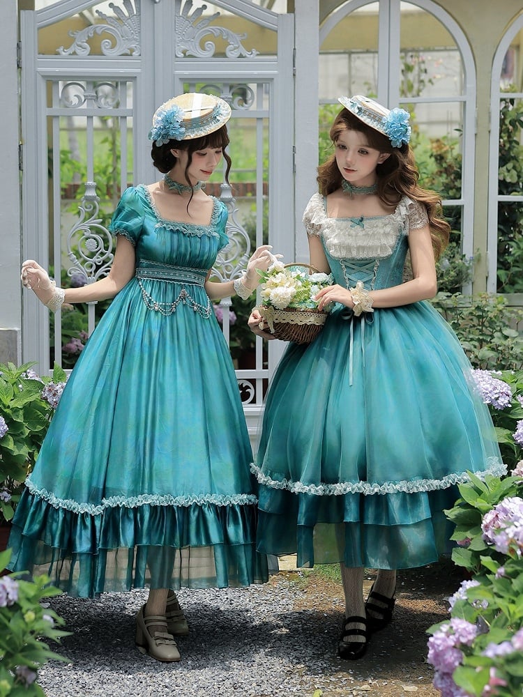 Teal Flutter-Sleeve Lolita JSK with Lace-Up Back and Tiered Skirt - image 10