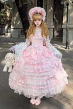 Ode of the Curtain - Multi-Layered Ruffled Bride Open-Front Bow Lace Lace-Up Sweet Long Lolita JSK Dress - image 2