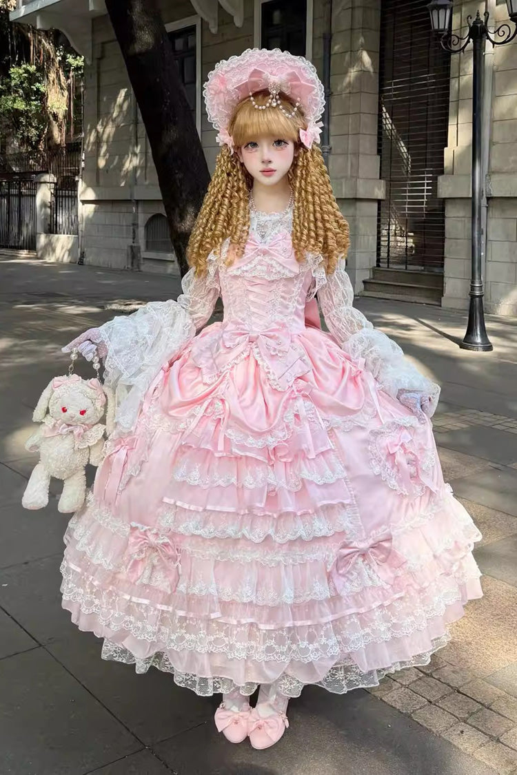 Ode of the Curtain - Multi-Layered Ruffled Bride Open-Front Bow Lace Lace-Up Sweet Long Lolita JSK Dress - image 2