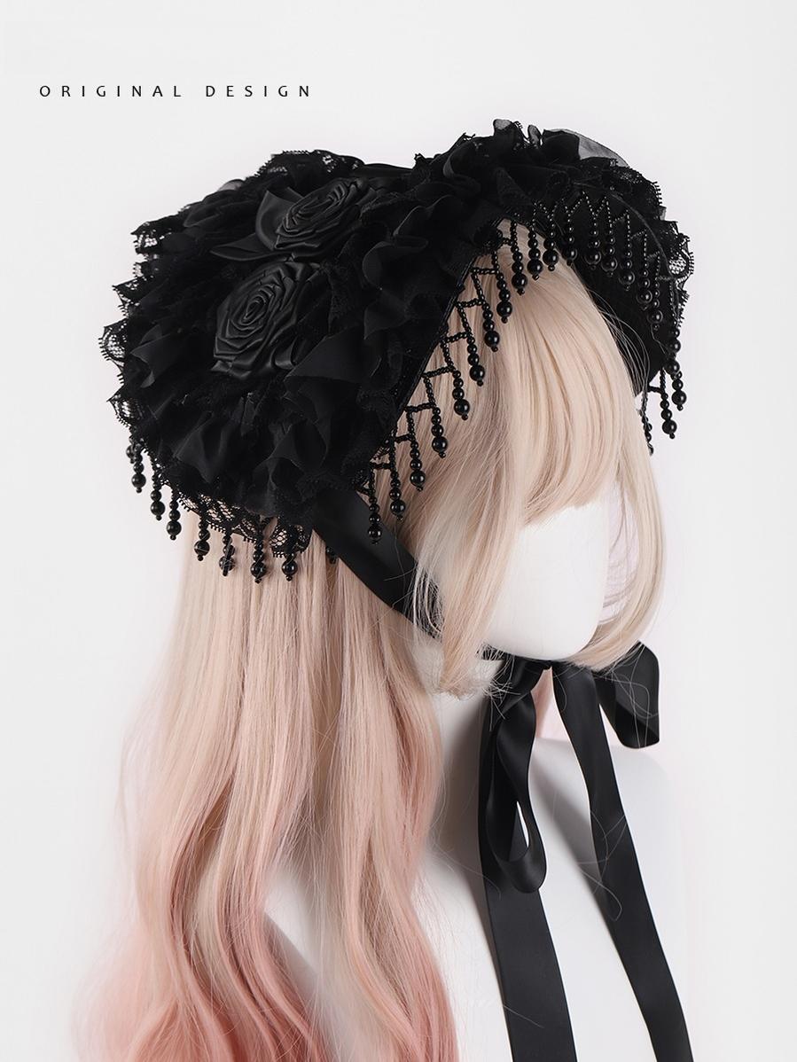 Gothic Black Rose Lolita Hat with Bead Tassels - image 1