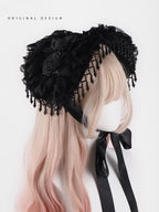 Gothic Black Rose Lolita Hat with Bead Tassels - image 1