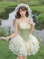 Beige and Green Boned Corset Waist Short JSK Dress Set - image 5