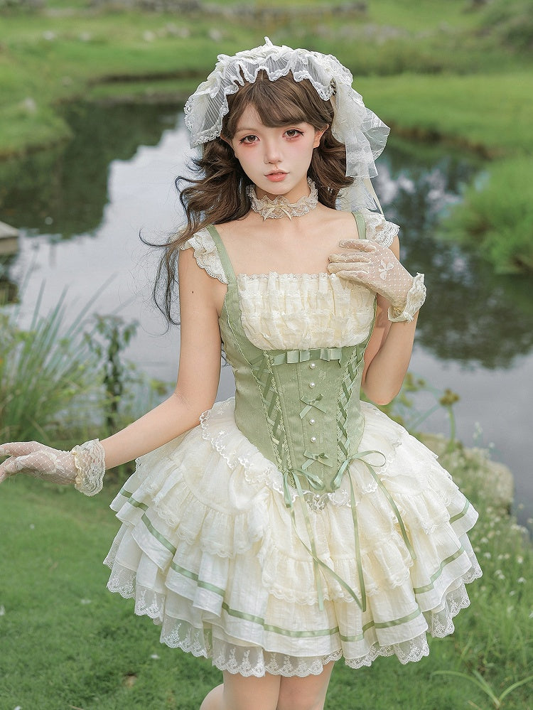 Beige and Green Boned Corset Waist Short JSK Dress Set - image 5