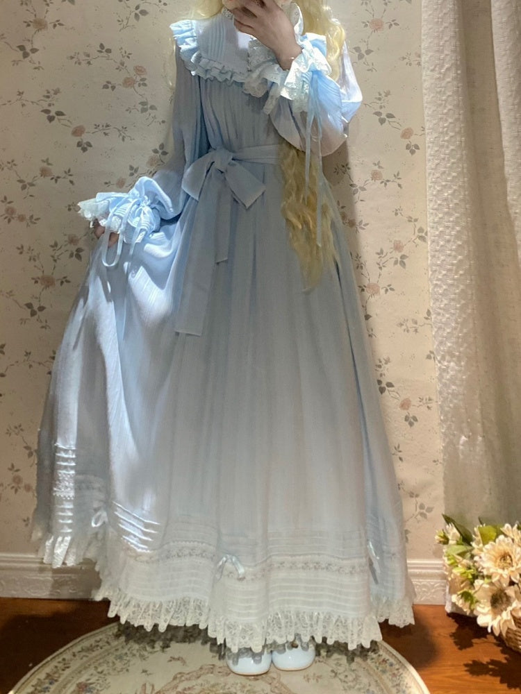 Blue Lace-Trim Long-Sleeve Lolita OP Dress with Ruffles - image 7