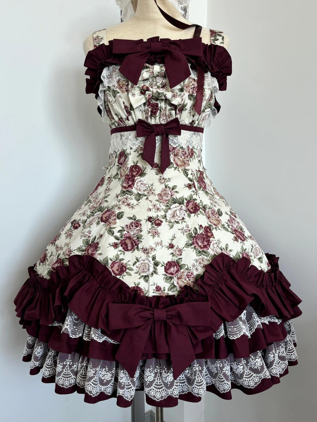 Burgundy Rose - Floral Printed Old School Lolita JSK, Elegant Cape and Accessories - image 12