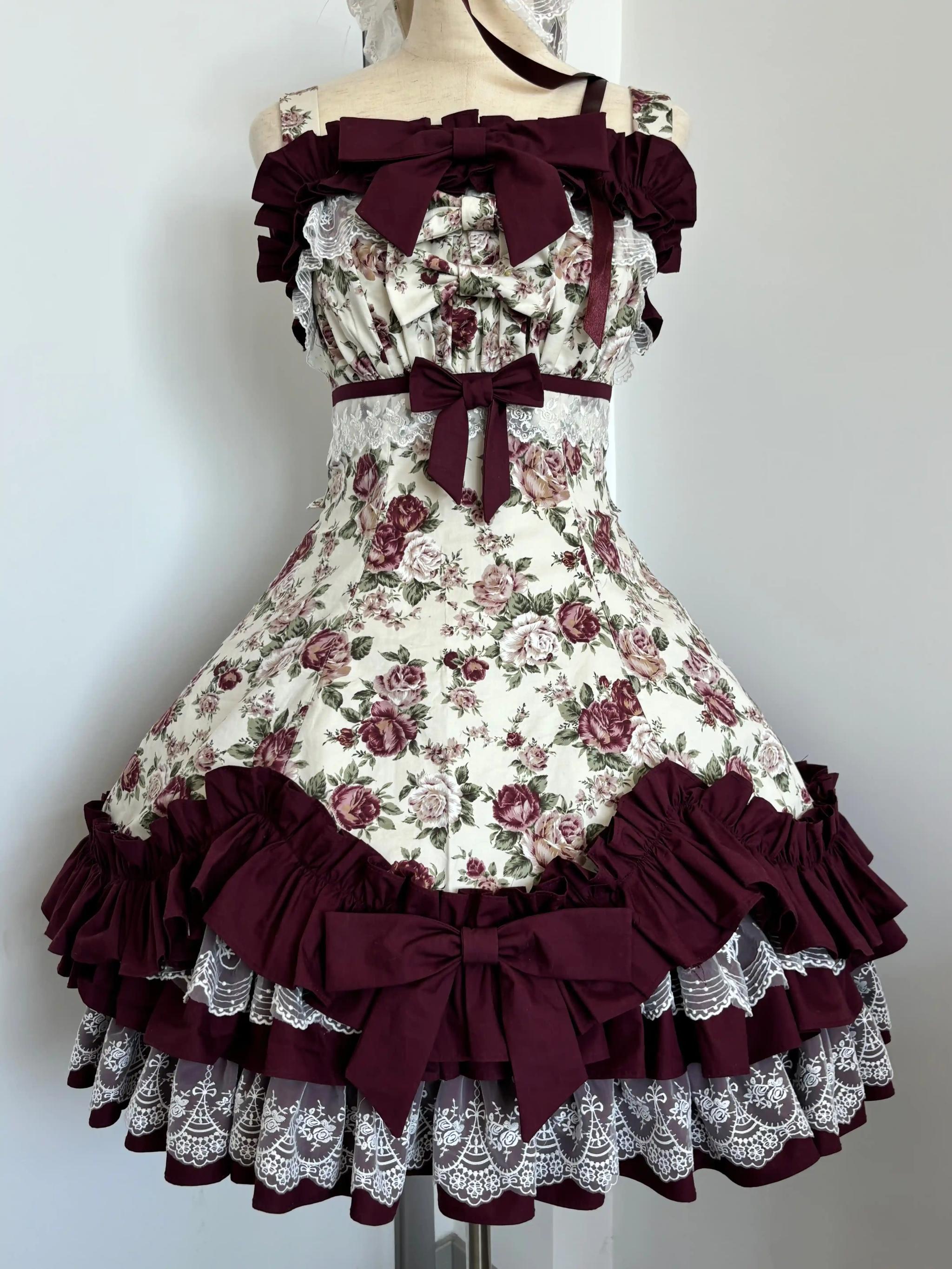 Burgundy Rose - Floral Printed Old School Lolita JSK, Elegant Cape and Accessories - image 12