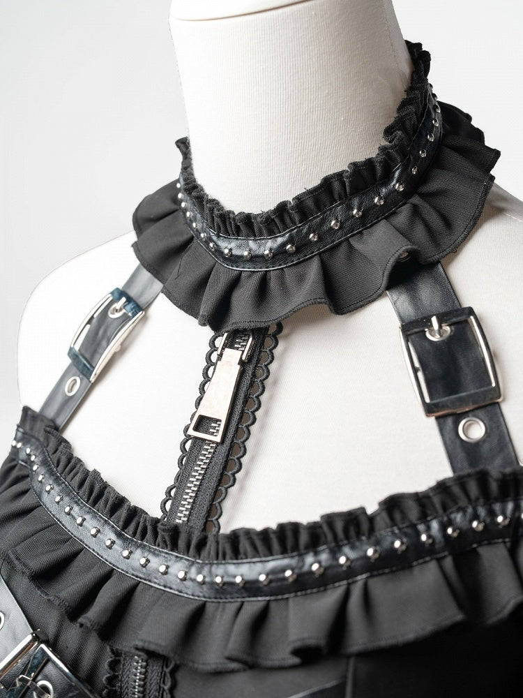 Black Halter Flare Long-Sleeve Dress with Leather Straps and Shorts Set - image 3