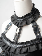 Black Halter Flare Long-Sleeve Dress with Leather Straps and Shorts Set - image 3