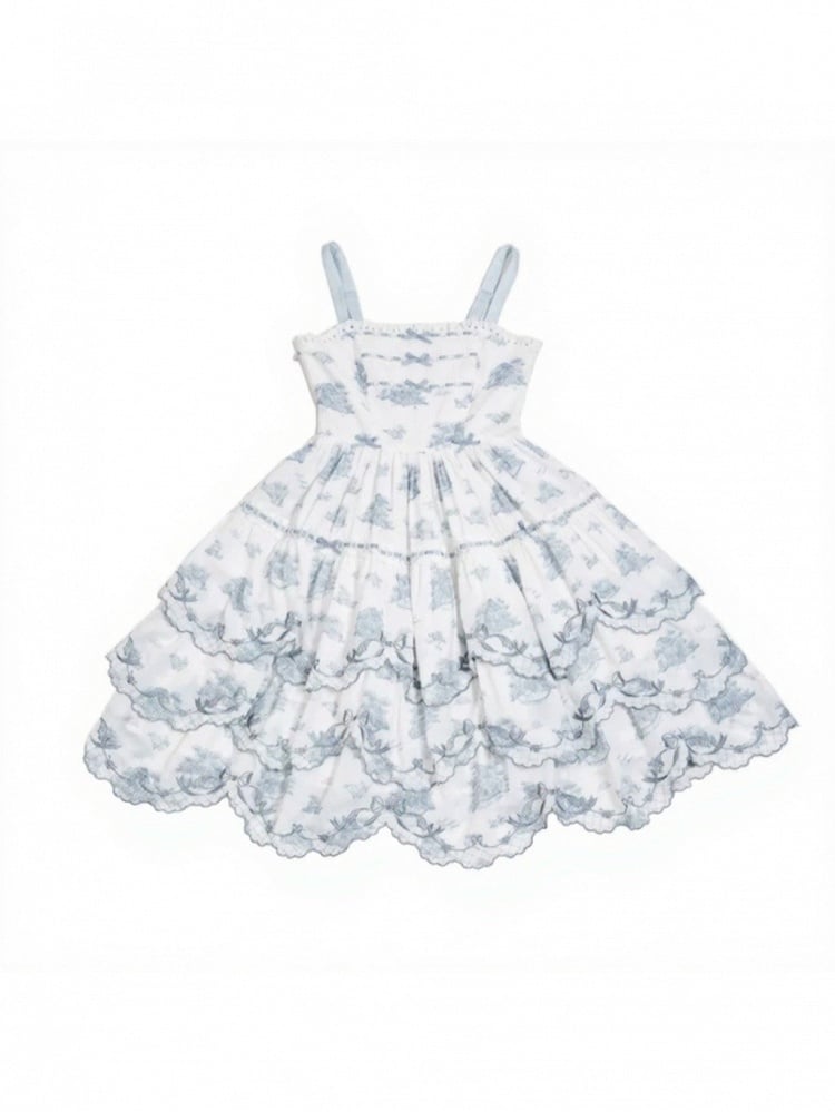 White and Blue Floral Embroidered Lolita JSK with Detachable Belt - image 10