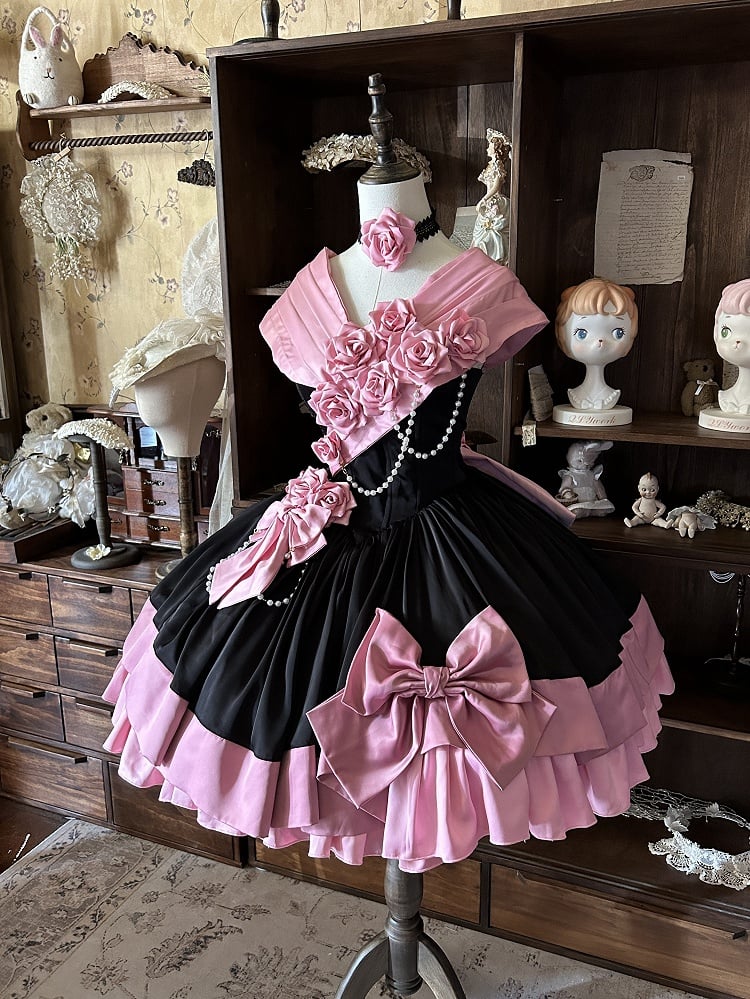 Pink and Black Roses Off-Shoulder Lolita Boned Dress, Choker and Hat Set - image 3
