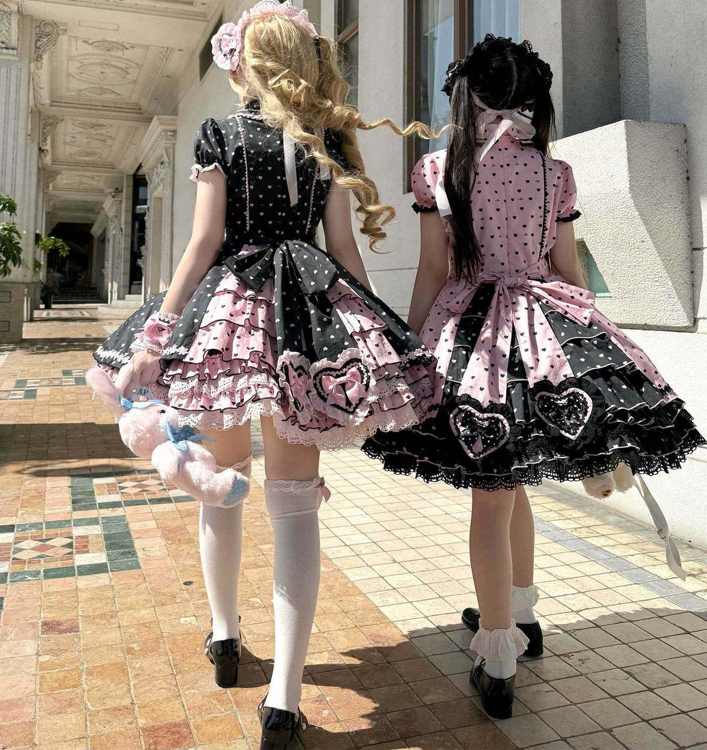 Maiden's Heart Knot - Cotton Old School Lolita Dress, Heart Polka Dot - image 2