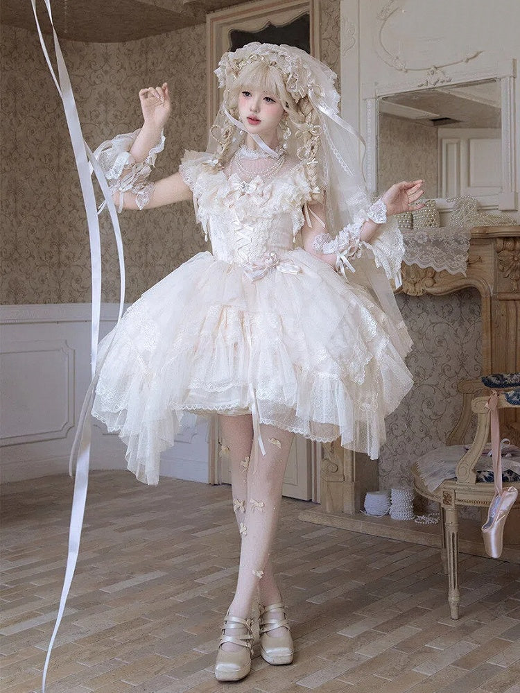 Champagne Illusion Neckline Princess Lolita JSK Dress Full Set - image 1