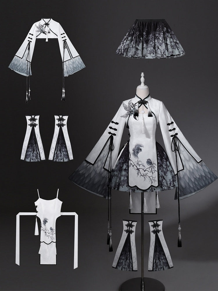 Hanfu-Inspired Plum Blossom Crop Top, Dress, Skirt and Leg Warmers Set - Han Ru Chu - image 1