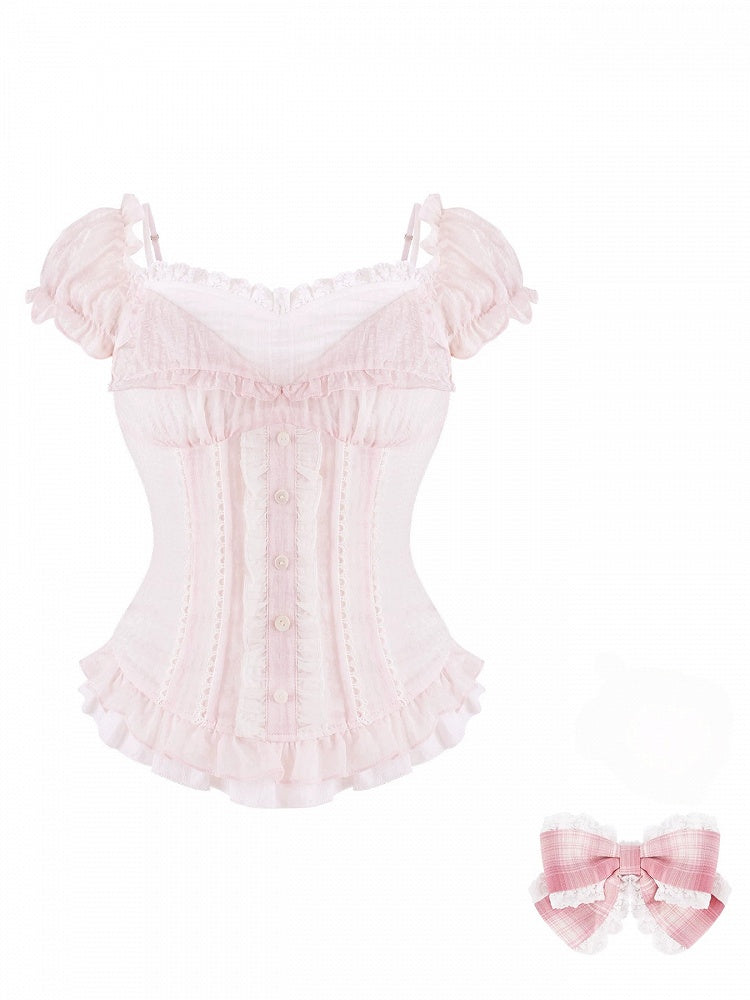 Light Pink Ruffle Puff Sleeve Top with Bow - serendipity - image 2