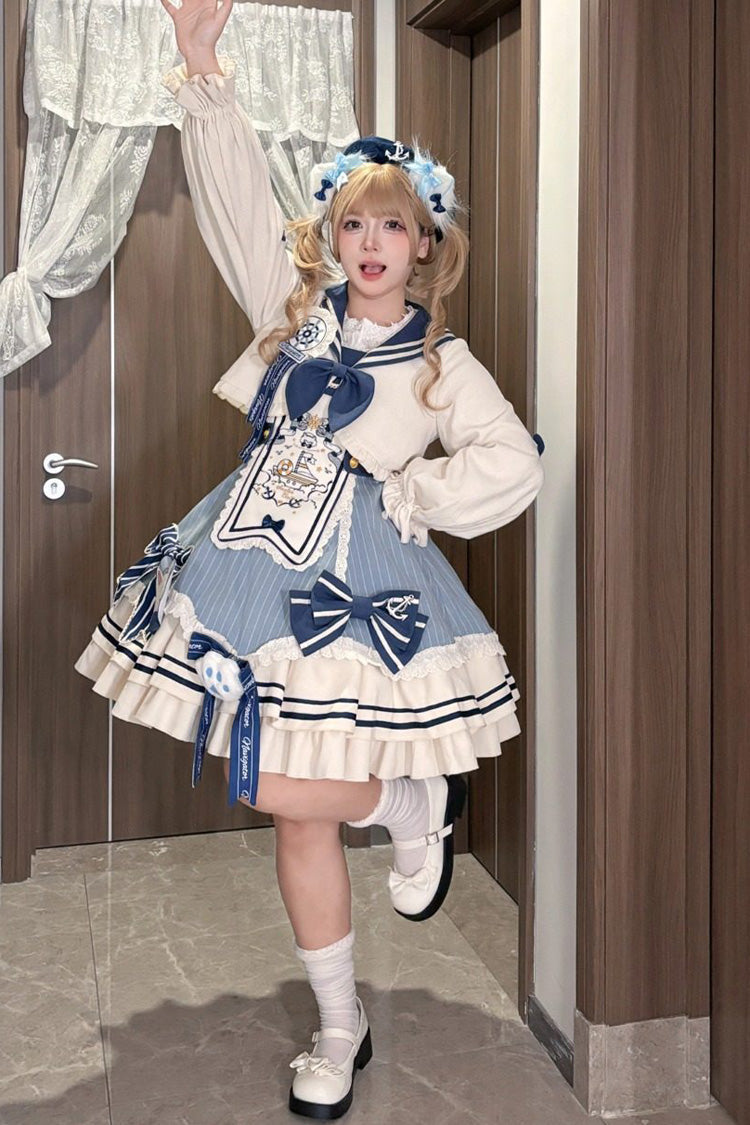 Ride the Wind and Waves - Double-Layered Printed Ruffled Bow Lace Sweet Lolita JSK Dress Set (Coat Included) - image 6