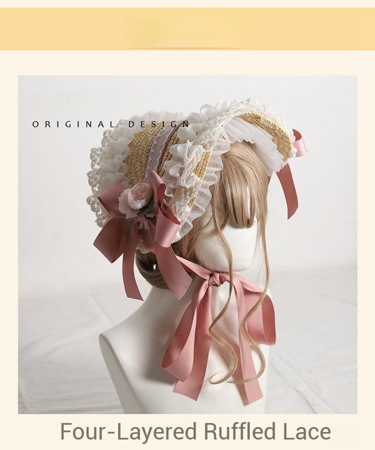 Country Straw BNT Lolita Headpiece with Ruffled Lace - image 11