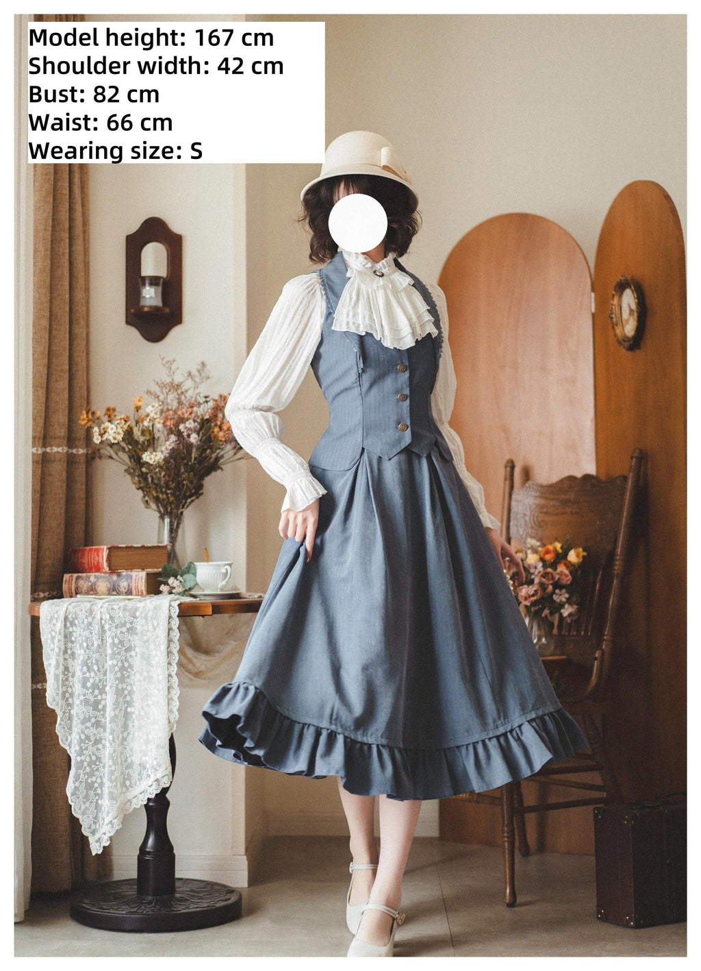 Classic Lolita A-Line Skirt, Button-Front Vest and White Blouse - image 14