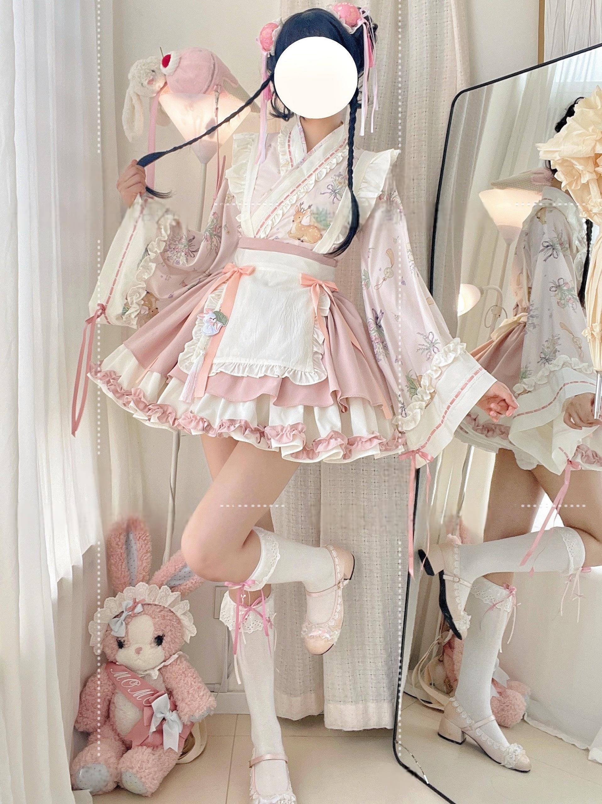 Little Herbalist - Han Lolita Skirt Outfit with Cross-collar Blouse and Apron - image 4