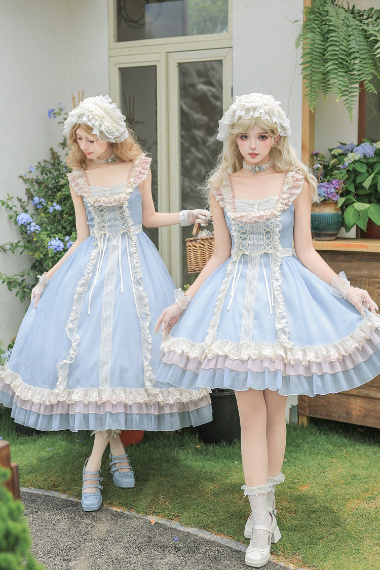 Island Diary - Square Collar Flutter Sleeves Triple-Layered Ruffled Lace-Up Sweet Lolita JSK Dress 2 Versions - image 2