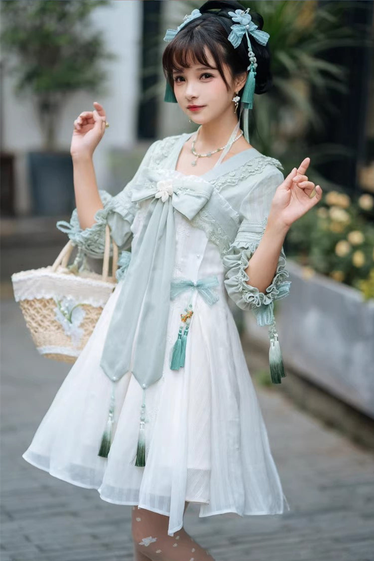 Half Sleeves Ruffled Bow Sweet Lolita Hanfu Dress - image 1