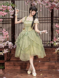 Green Orchid Chinoiserie Lolita OP Dress and Flower Hairclips Set - image 1