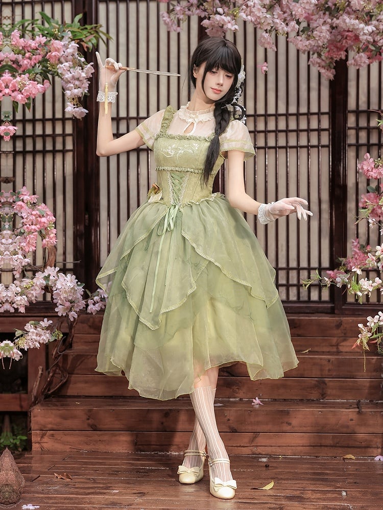 Green Orchid Chinoiserie Lolita OP Dress and Flower Hairclips Set - image 1
