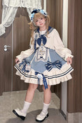 Ride the Wind and Waves - Double-Layered Printed Ruffled Bow Lace Sweet Lolita JSK Dress Set (Coat Included) - image 1