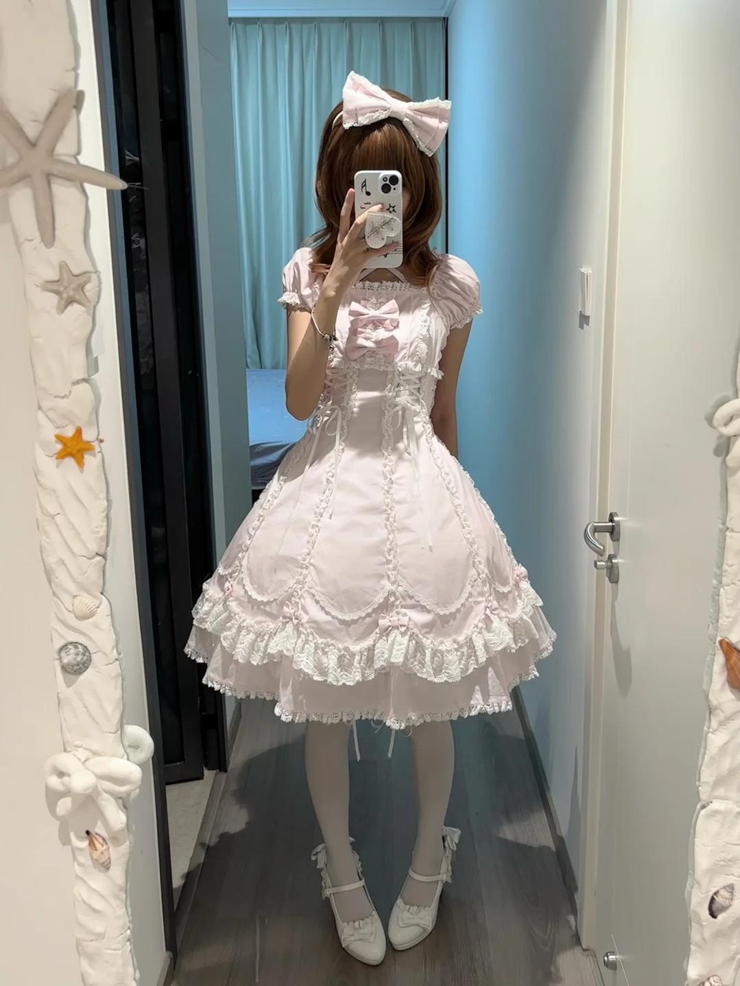 Cotton Old School Lolita Lace OP Dress, Three-tiered Back and Accessories - image 12