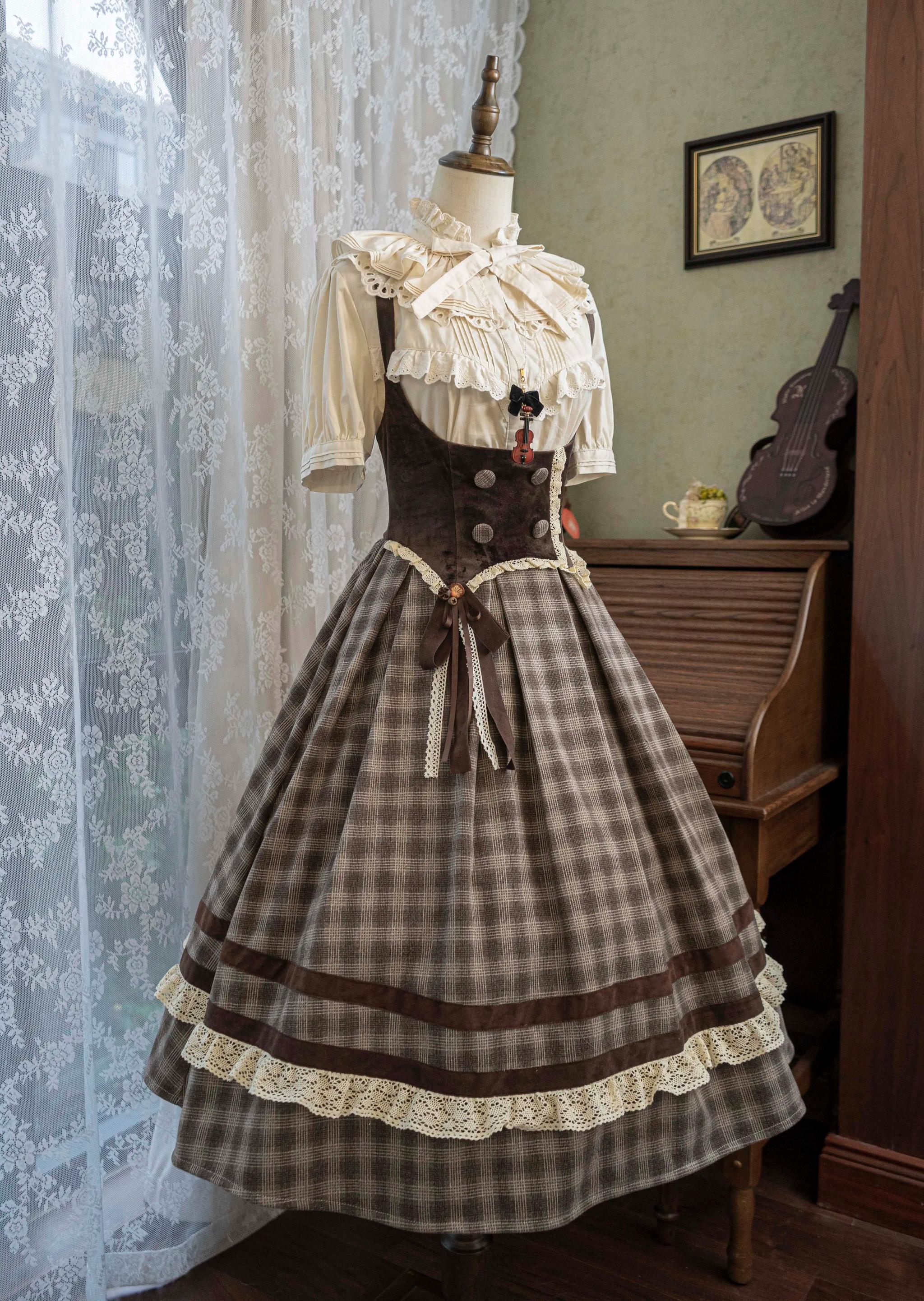 Chestnut Autumn - Plaid Classic Lolita JSK, Bust Supporting and Accessories - image 12