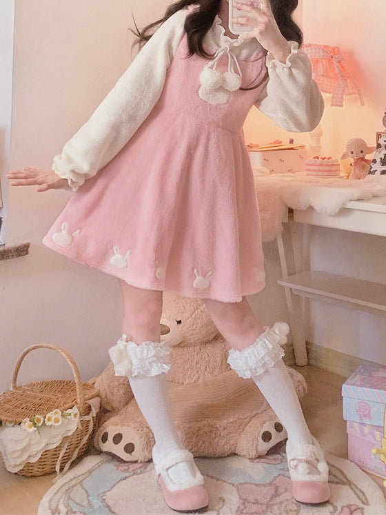 Pink Bunny Ears Hooded Plush Overalls Sweet Lolita Dress - image 5