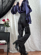 Lilac Lace-Up Ruffle Shirt with Black Flower Chains - Shi Zhi Mao - image 4
