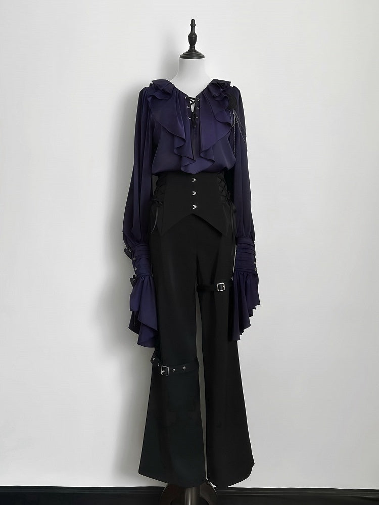 Lilac Lace-Up Ruffle Shirt with Black Flower Chains - Shi Zhi Mao - image 3