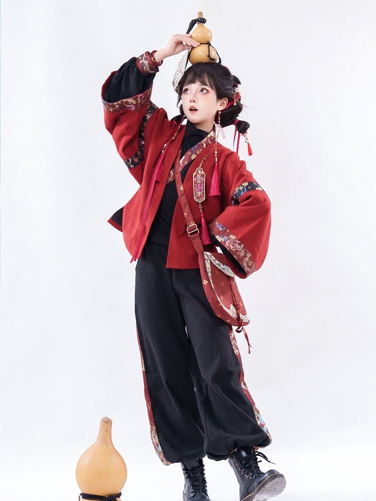 Black and Red Chinoiserie Shirt Pants and Outerwear Set - image 3
