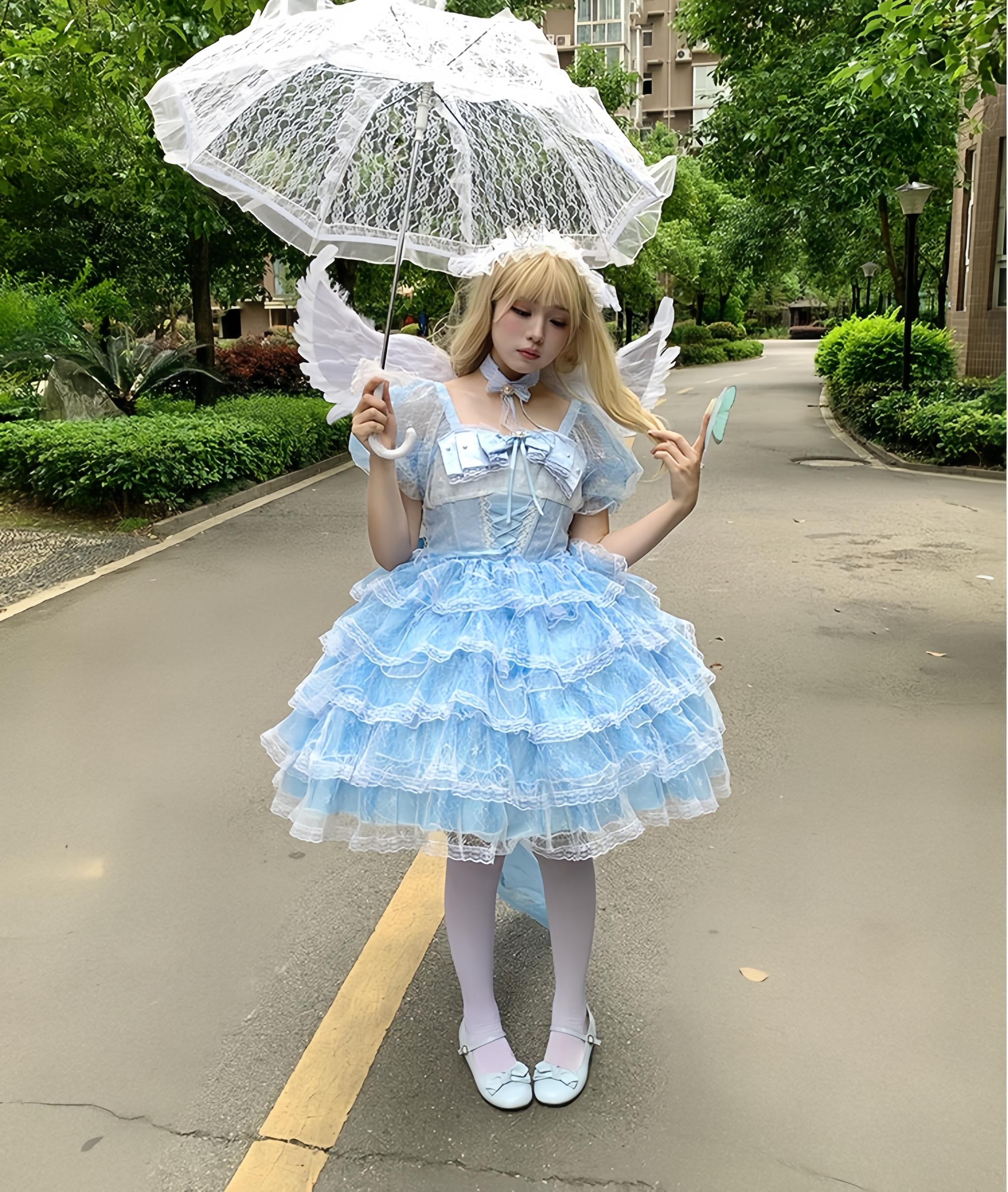 Shisan District - Wedding Lolita OP Suit with Angel Demon Wings - image 4